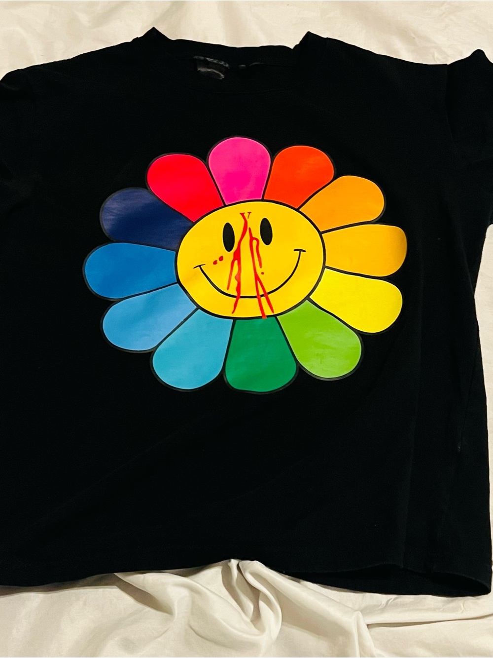 VLONE Black Tee with Colorful Smiley Flower Graphic M (flaws sleeve)